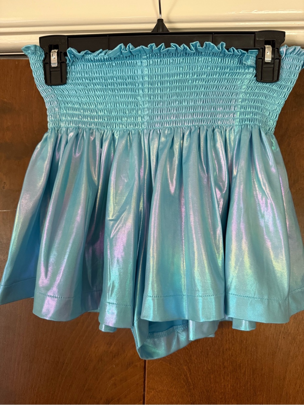 QUEEN OF SPARKLES Iridescent Aqua Blue Skirted Shorts